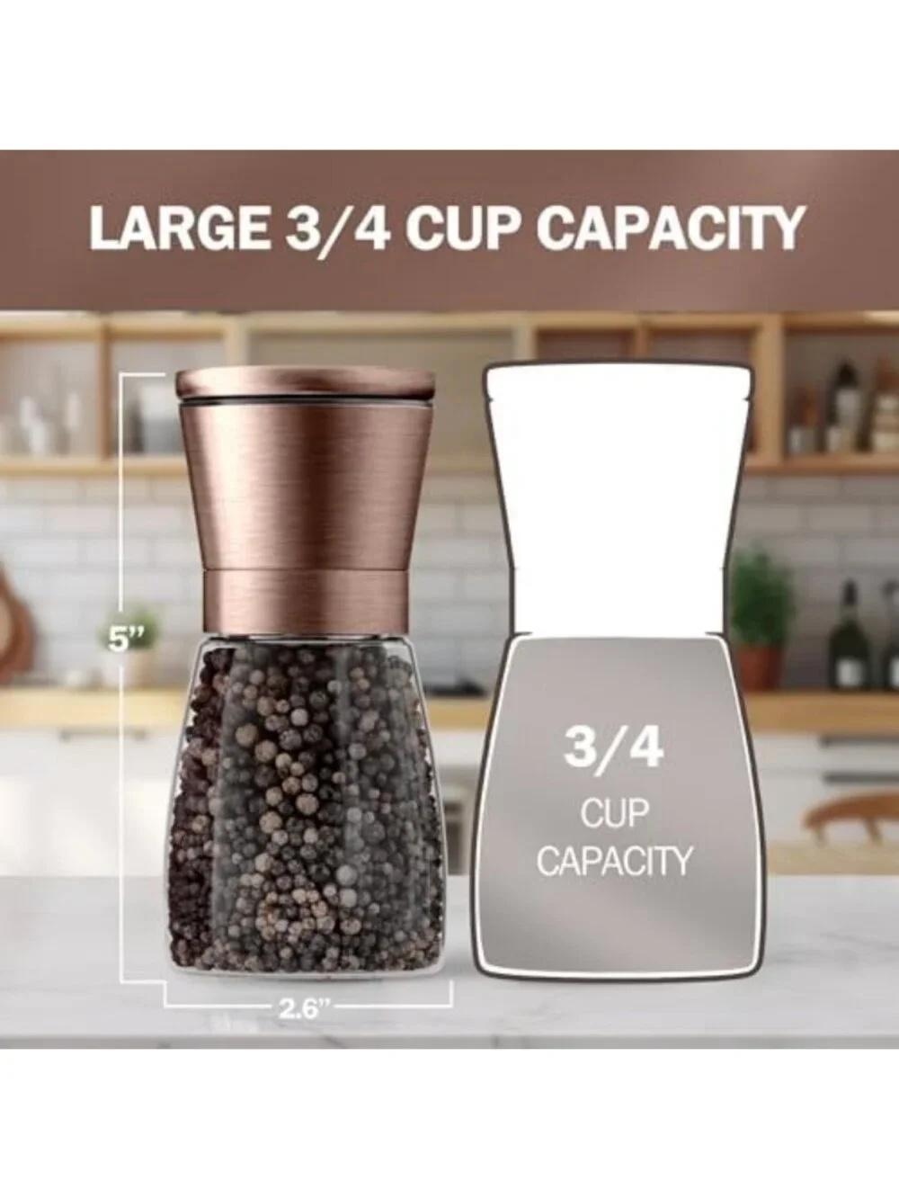 Adjustable Copper Salt and Pepper Grinder Set - Ceramic Mill with Funnel & Ebook